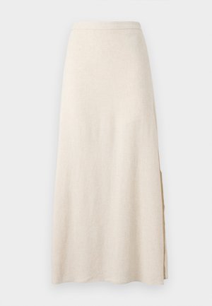 Fustă bej până la gleznă, cu croială dreaptă și o despicătură subtilă laterală, realizată dintr-un material texturat.