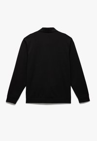 Sort sweatshirt med lange ærmer, krave og ribbede manchetter. Glat tekstur med et enkelt, minimalistisk design og ingen synlig branding.