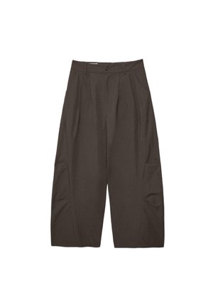 Højtbjæltede, vidde ben, mørkebrune cropped bukser med frontfolder, sidelommer, bæltestropper og knaplukning ved linningen.