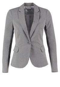 Grey blazer made of textured fabric. Features a single button closure, two front pockets, and a tailored fit with long sleeves.