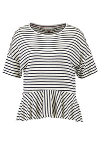 Pasiasty top z krótkim rękawem w kolorach granatowym i kremowym, z peplum u dołu. Wykonany z teksturowanej tkaniny, okrągły dekolt i luźny krój.