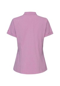 Vue arrière d'une chemise à manches courtes, à petits carreaux roses et blancs, avec un col et une taille cintrée.
