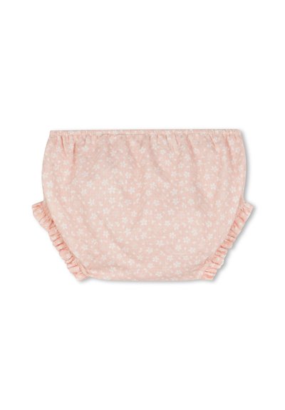 Culottes en coton rose avec un léger motif floral. Comprend une taille élastiquée et des accents en volants aux ouvertures des jambes. Matériau doux et texturé.