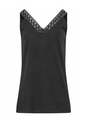Haut noir sans manches avec un décolleté en V orné d'un galon de dentelle décorative sur les bretelles et le col.