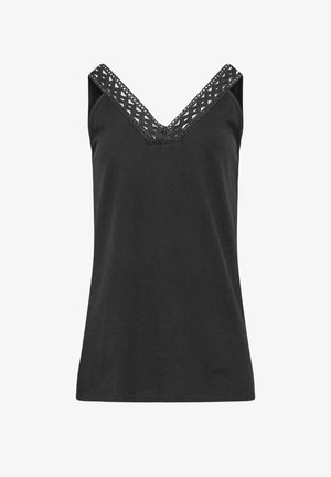 Top negro sin mangas con escote en V que presenta un ribete de encaje decorativo en las tirantes y el escote.