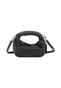 Sac à main en cuir tressé noir avec une forme arrondie et structurée. Dispose d'une poignée supérieure et d'une bandoulière amovible avec des accents en métal argenté.