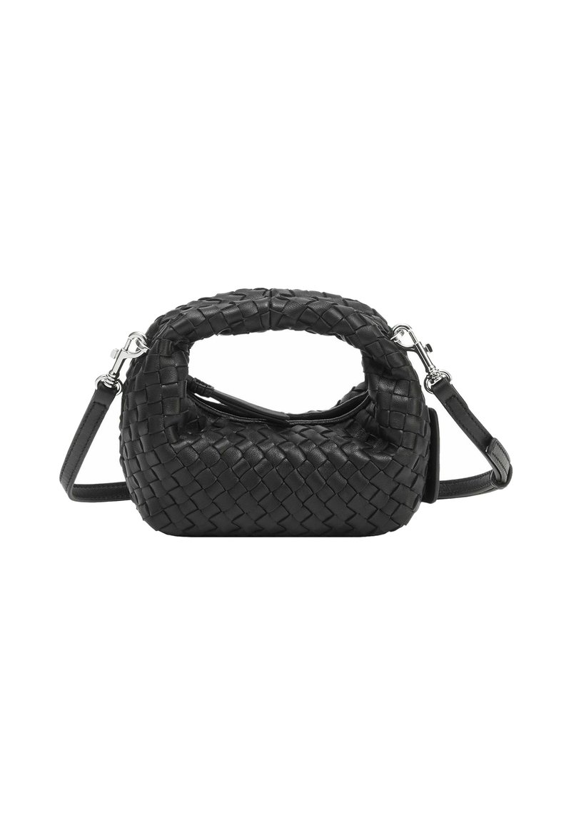 Sac à main en cuir tressé noir avec une forme arrondie et structurée. Dispose d'une poignée supérieure et d'une bandoulière amovible avec des accents en métal argenté.