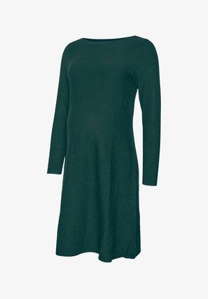 Roheline pika varrukaga kleit pehmest kangast, millel on paadi kaelus, A-line kujundus ja külje lõhikud liikumise mugavuseks.