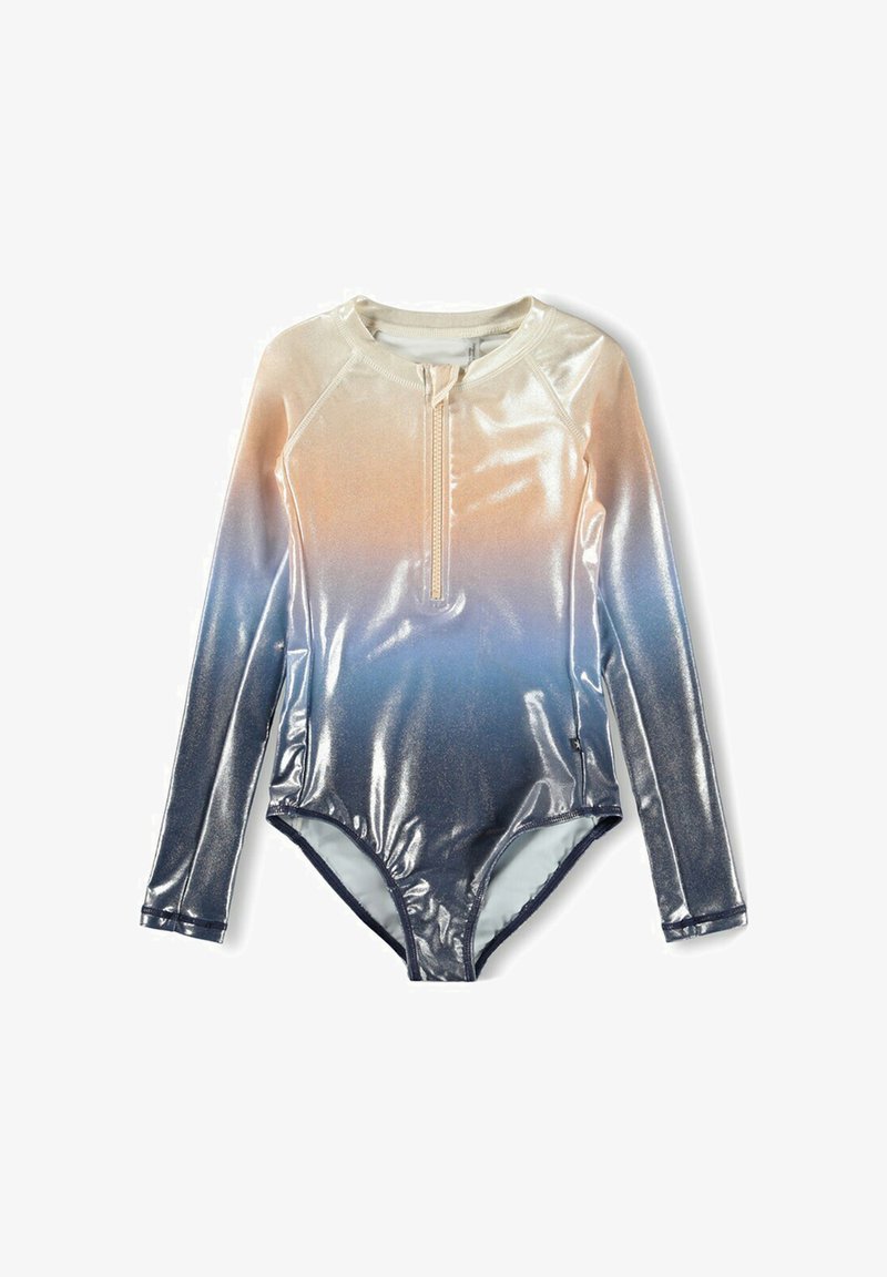 Langærmet badedragt i metallisk ombré-design, der går fra guld til blå. Har lynlås og glat, skinnende tekstur.