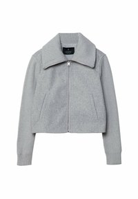 Gray cropped jacket made of wool, featuring a ribbed collar and sleeves, front zipper, and two side pockets. Minimalistic design.