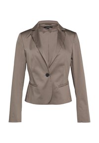 Bruine op maat gemaakte blazer met een geknipt revers, een enkele zwarte knoop, twee voorkruiden en lange mouwen. Glad materiaal met een getailleerde pasvorm.