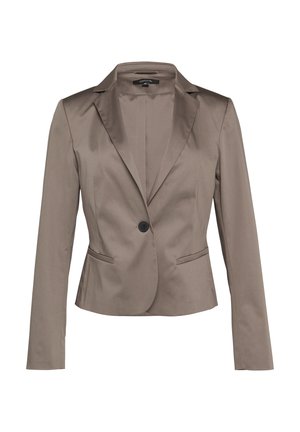 Brauner maßgeschneiderter Blazer mit Reverskragen, einem einzelnen schwarzen Knopf, zwei Vorderentaschen und langen Ärmeln. Glattes Material mit taillierter Silhouette.