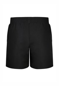 Shorts de bain pour hommes noirs avec taille élastique, longueur mi-cuisse, et design simple, vus de face.
