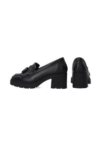 Schwarze Lederhighheels mit abgerundetem Zehenbereich, verziert mit einer dekorativen Quaste, strukturiertem Schuhsohle und Blockabsatzdesign.