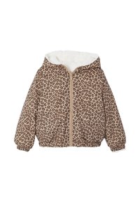 Braun gefleckte Pufferjacke mit Sherpa-gemusterter Kapuze, Reißverschluss, elastischen Bündchen und Saum sowie einer gemütlichen Textur.