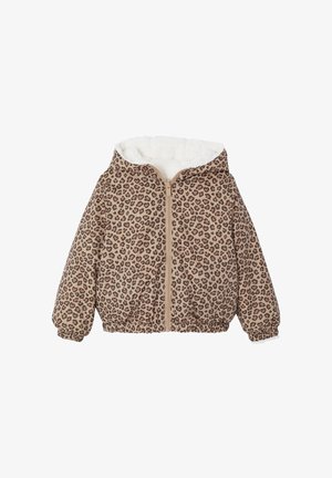 Braun gefleckte Pufferjacke mit Sherpa-gemusterter Kapuze, Reißverschluss, elastischen Bündchen und Saum sowie einer gemütlichen Textur.