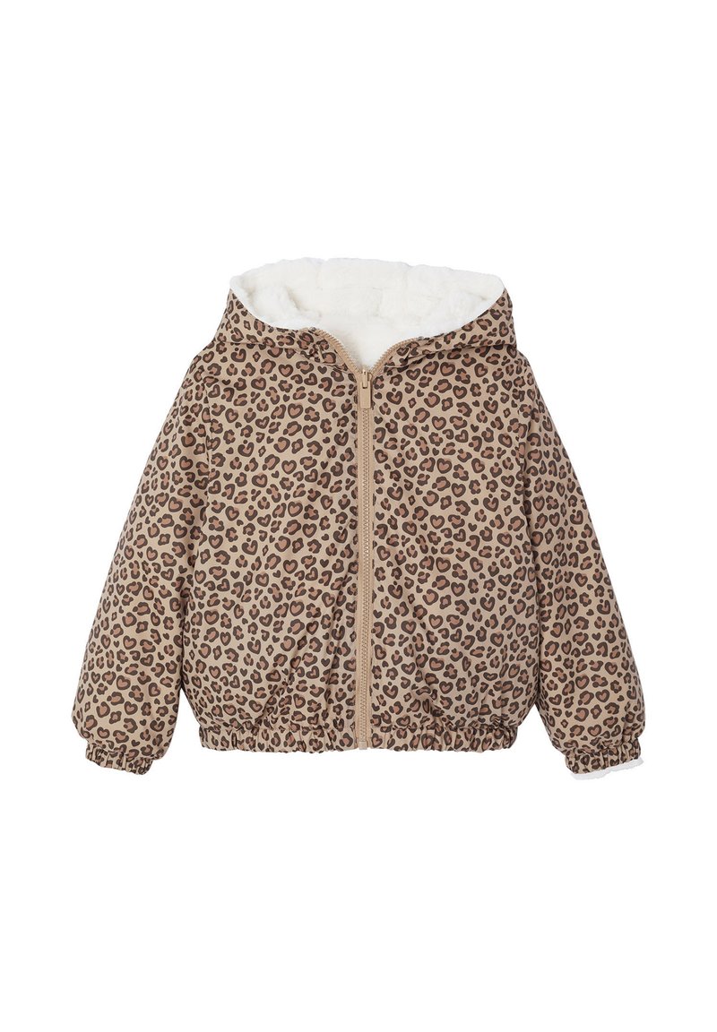 Braun gefleckte Pufferjacke mit Sherpa-gemusterter Kapuze, Reißverschluss, elastischen Bündchen und Saum sowie einer gemütlichen Textur.