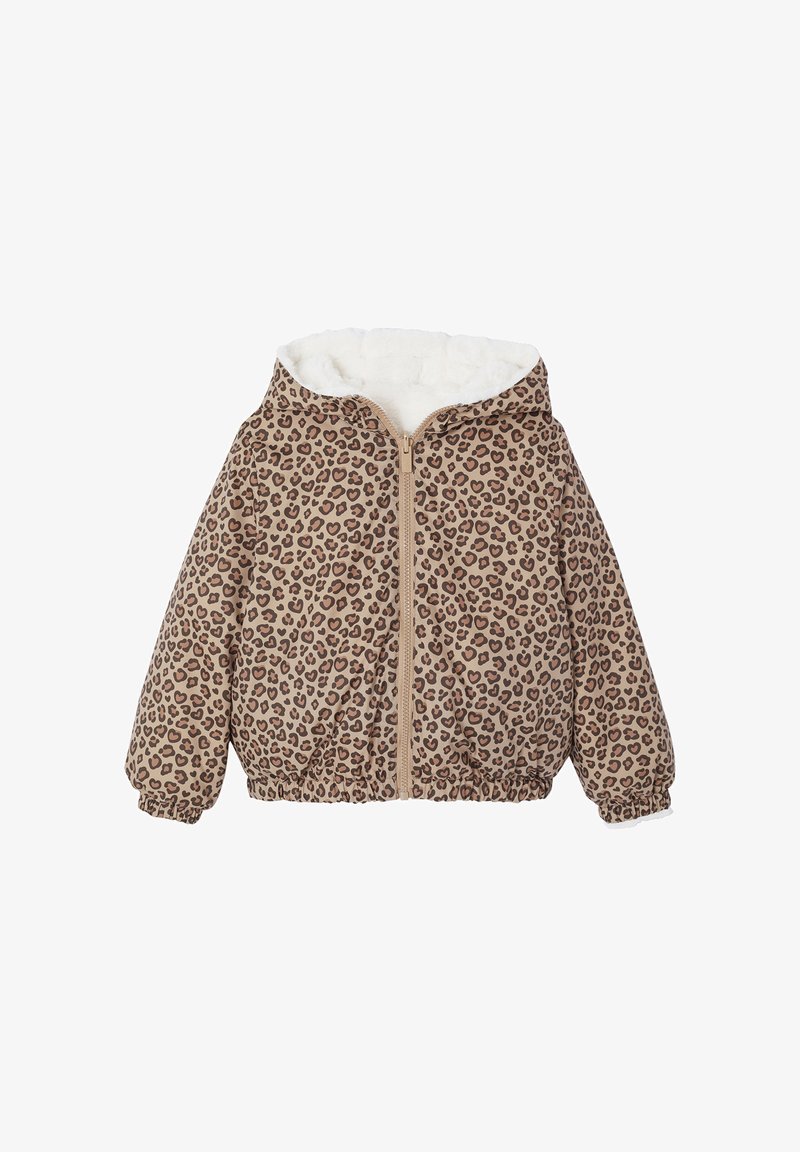 Braun gefleckte Pufferjacke mit Sherpa-gemusterter Kapuze, Reißverschluss, elastischen Bündchen und Saum sowie einer gemütlichen Textur.