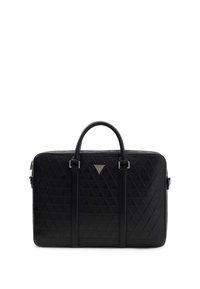 Borsa per laptop nera realizzata in materiale testurizzato con motivo a diamante. Presenta due manici superiori e una targhetta con logo al centro.