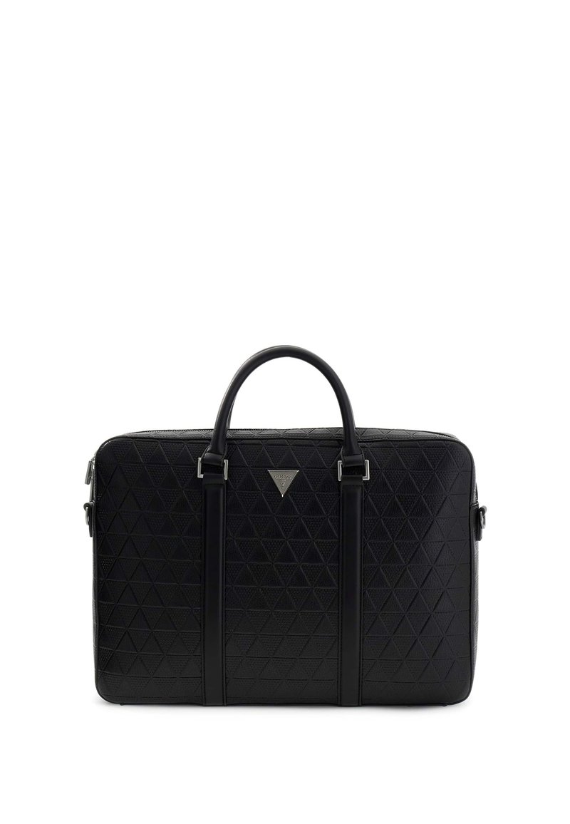 Borsa per laptop nera realizzata in materiale testurizzato con motivo a diamante. Presenta due manici superiori e una targhetta con logo al centro.