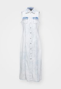 Ärmlös ljusblå denim maxiklänning med knappstängning fram, krage och två bröstfickor med knappar.