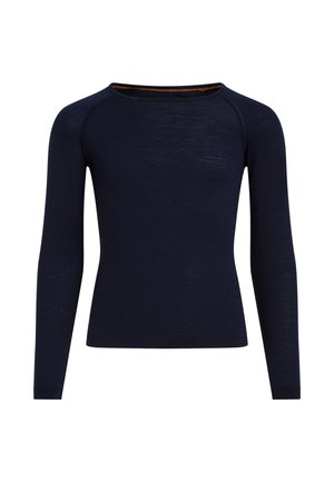 Marineblaues, langärmliges, enganliegendes Shirt mit Rundhalsausschnitt und sichtbaren Nähten an Schultern und Ausschnitt.