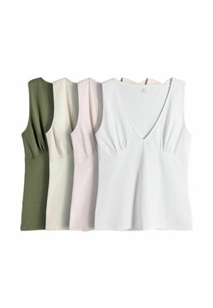 Neli varrukateta V-kaelusega topi oliivrohelises, beežis, heleroosas ja valges reas kõrvuti valgel taustal.