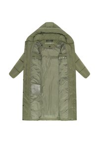 Giacca imbottita verde oliva con zip frontale, cappuccio removibile e molteplici tasche interne. Tessuto morbido con un design minimalista.