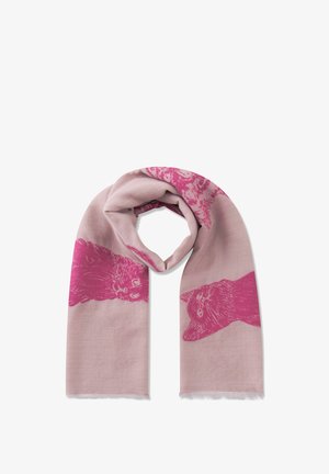 Roze sjaal met een bedrukte afbeelding van kattengezichten in een donkerdere roze tint. Gemaakt van een zachte stof met een gladde textuur.
