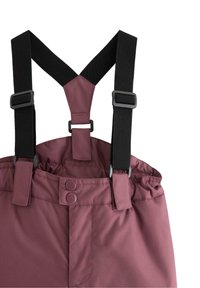 Bordeaux overalls med sorte justerbare seler, der har to frontknapper, elastisk talje og en glat stoftekstur.