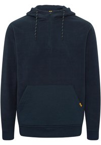 Navy fleece hoodie with a half zip, adjustable drawstring, kangaroo pocket, and ribbed cuffs. Features a yellow logo accent on the pocket.