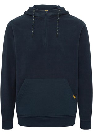 Marine fleece hoodie met een halve rits, verstelbare trekkoorden, kangoeroezak en geribde manchetten. Bevat een geel logo accent op de zak.