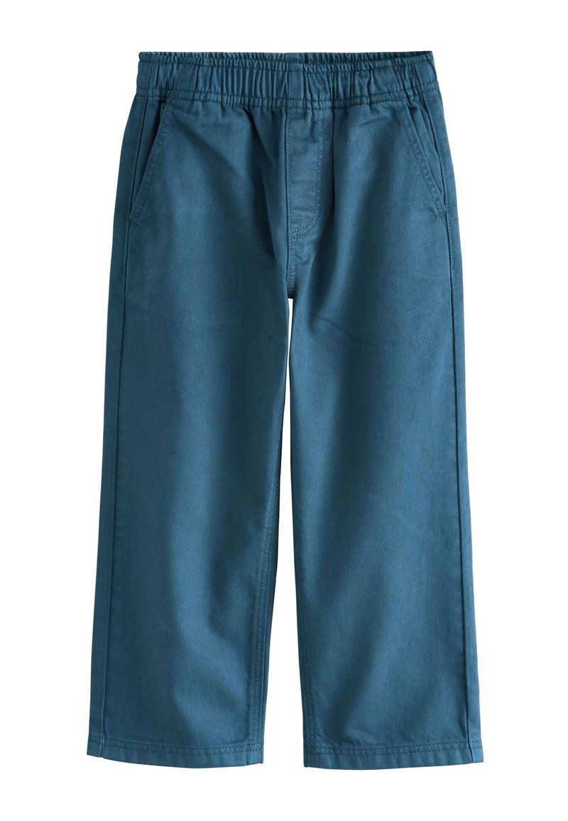 Modré široké nohavice s elastickým pásom, bočnými vreckami a hladkým textúrou, vyrobené z ľahkej látky.