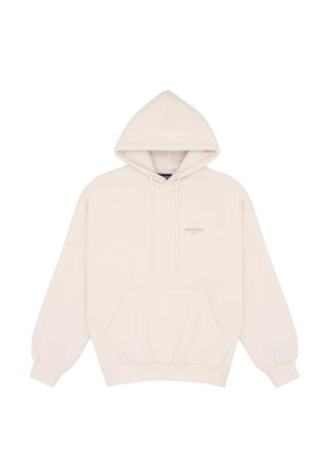 Cremefarbener Hoodie mit Kordelzug, Kängurutasche vorne, gerippten Bündchen und dezentem Logo auf der linken Brust.