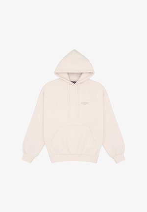 Roomkleurige hoodie met trekkoorden, voortasche, geribbelde manchetten en subtiel logo op de linkerbovenkant van de borst.