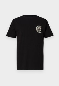 Schwarzes Baumwoll-T-Shirt mit kurzen Ärmeln, das ein rundes Grafikdesign auf der linken Brust zeigt, das den Text "SANTA CRUZ" enthält. Einfaches Design.