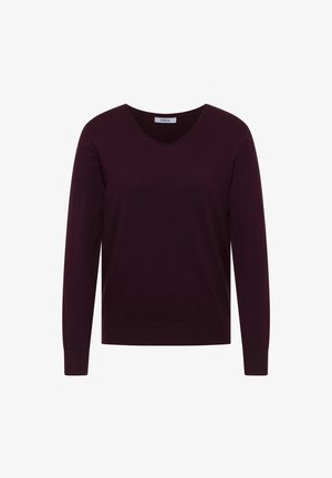 Pull à manches longues violet foncé avec un décolleté en V et des poignets et un ourlet côtelés, étiquette portant "CECIL" à l'intérieur du col.