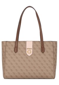 Borsa a tracolla in tessuto beige con motivo logo geometrico, manici in pelle marrone e una finitura avorio con un logo "G" dorato e il testo "GUESS".