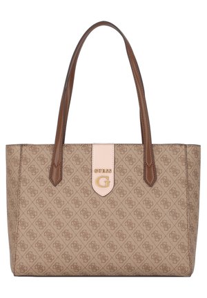 Borsa a tracolla in tessuto beige con motivo logo geometrico, manici in pelle marrone e una finitura avorio con un logo "G" dorato e il testo "GUESS".