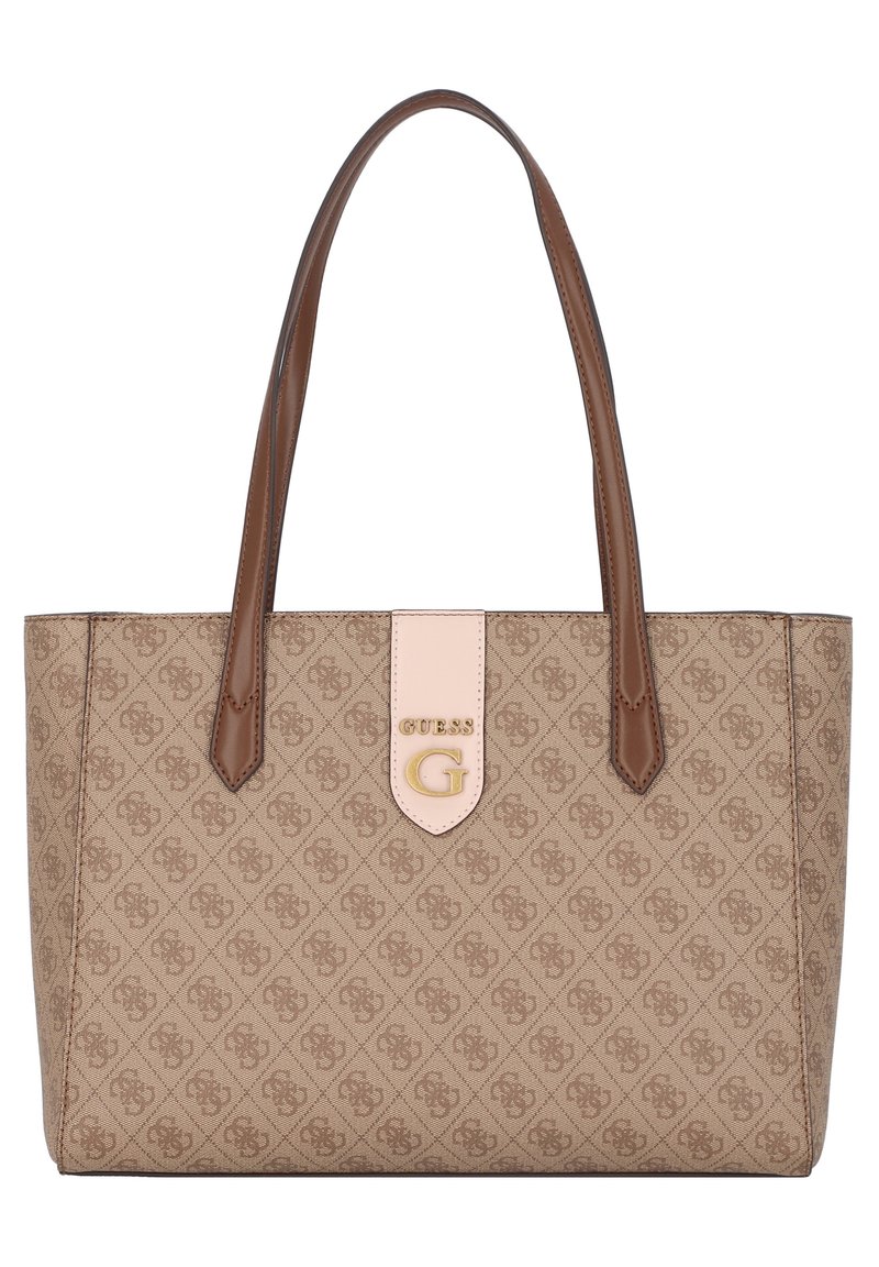 Borsa a tracolla in tessuto beige con motivo logo geometrico, manici in pelle marrone e una finitura avorio con un logo "G" dorato e il testo "GUESS".