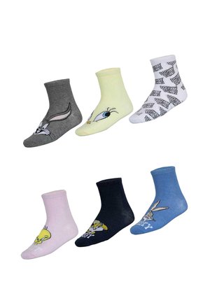 Set of six colorful cotton socks featuring Looney Tunes characters: gray with Bugs Bunny, yellow with Tweety, blue with Bugs, and patterned designs.