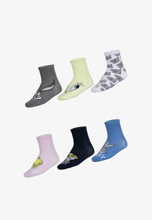 Set of six colorful cotton socks featuring Looney Tunes characters: gray with Bugs Bunny, yellow with Tweety, blue with Bugs, and patterned designs.