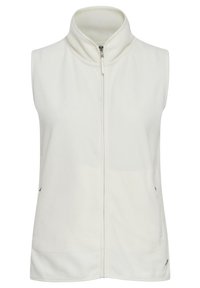Weißer ärmelloser Fleece-Weste mit hohem Kragen, Frontreißverschluss und zwei Seitentaschen; weiche Textur und glatte Oberfläche.