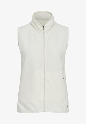 Gilet senza maniche bianco in fleece con colletto alto, zip frontale e due tasche laterali; texture morbida e finitura liscia.