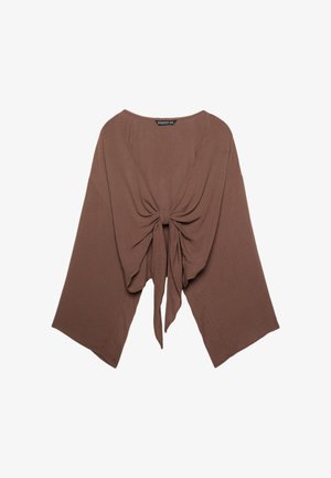 Hnědý, lehký, texturovaný top s volným střihem, širokými rukávy a detailem uzlu vpředu, má kulatý výstřih a splývavý design.