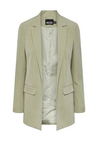 Blazer pour femme vert olive clair avec revers crantés, deux poches à rabat, manches longues et doublure intérieure lisse, présenté de face.