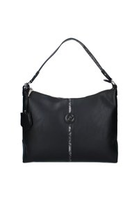 Borsa a tracolla in pelle nera con chiusura a zip, tracolla nera texturizzata e un pannello decorativo centrale con logo e motivo geometrico.