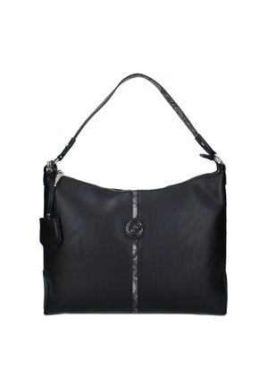 Borsa a tracolla in pelle nera con chiusura a zip, tracolla nera texturizzata e un pannello decorativo centrale con logo e motivo geometrico.