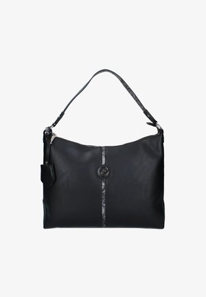 Borsa a tracolla in pelle nera con chiusura a zip, tracolla nera texturizzata e un pannello decorativo centrale con logo e motivo geometrico.