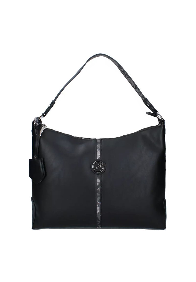 Borsa a tracolla in pelle nera con chiusura a zip, tracolla nera texturizzata e un pannello decorativo centrale con logo e motivo geometrico.